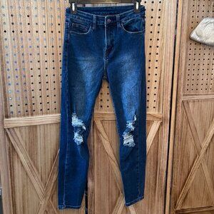 WINDSOR HIGH RISE DARK DENIM RIPPED JEANS (SIZE 5)